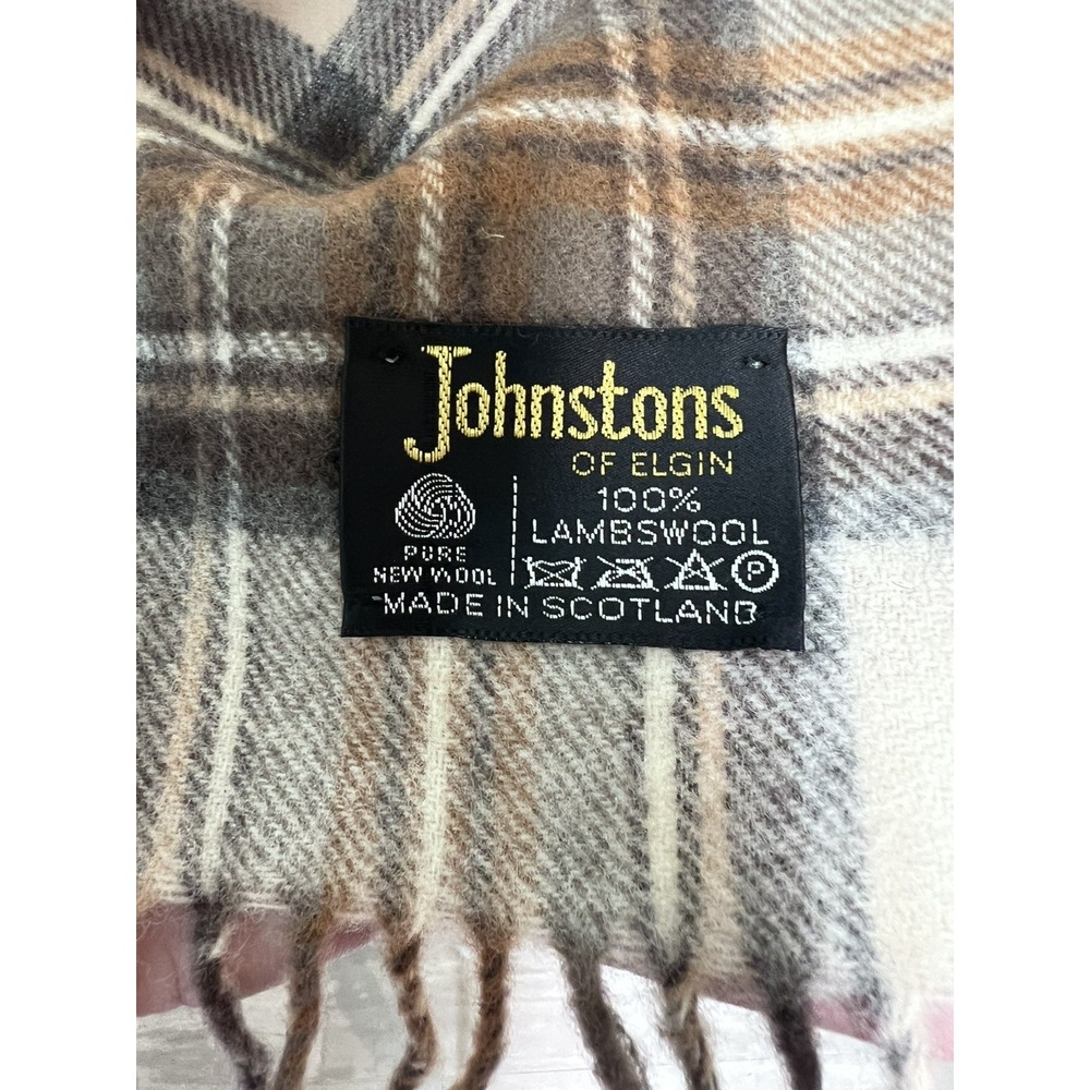Johnston's of Elgin Scotland 100% Lambswool Plaid Fringe Scarf Brown Cream 61"